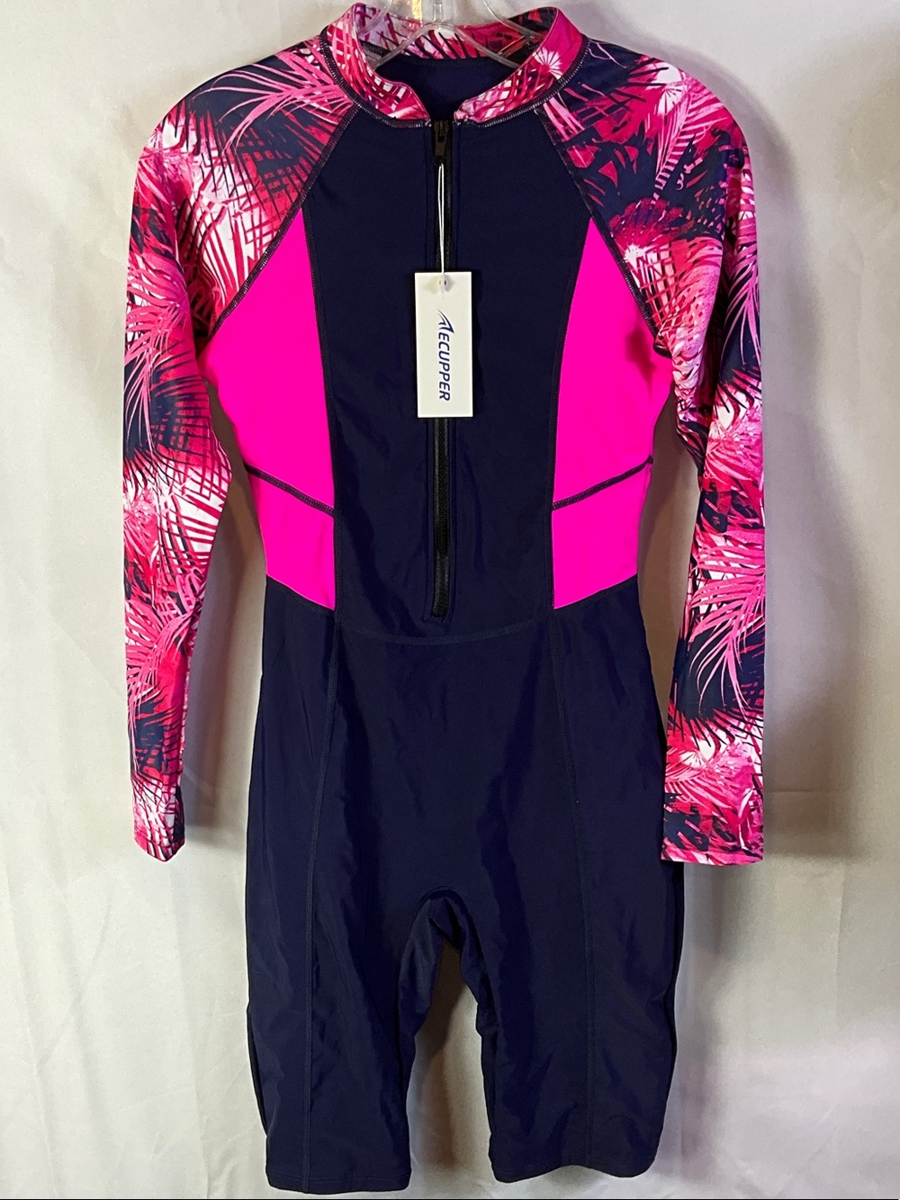 Ecupper Long Sleeve Half Zip Padded Tropical One Piece Swimsuit Size Medium